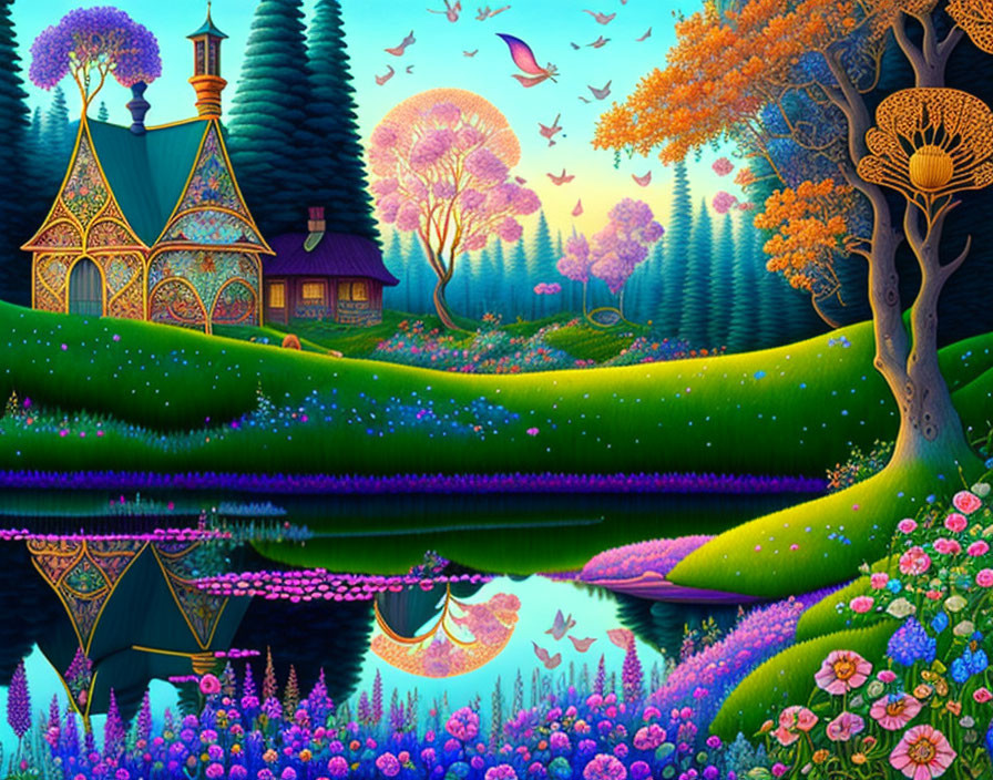 Colorful Fantasy Landscape with Cottages, Flora, Lake, and Twilight Sky