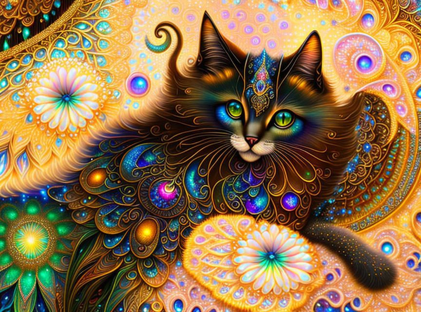 Colorful Stylized Cat Artwork with Intricate Patterns and Gemstone Detail