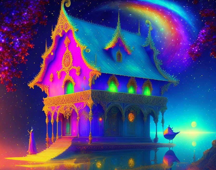 Fantasy palace with ornate details under starry sky and rainbow.