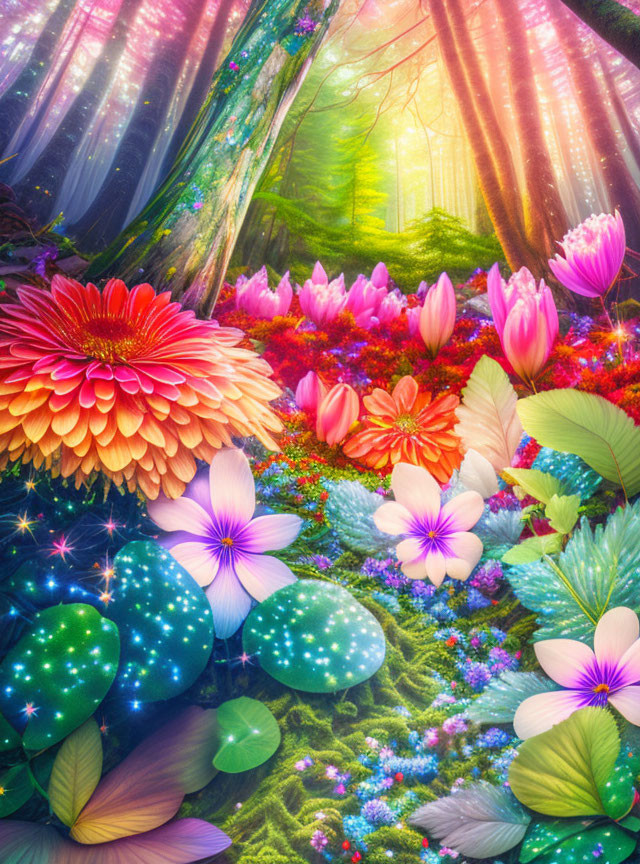 Enchanted forest scene with colorful flowers and sunlight