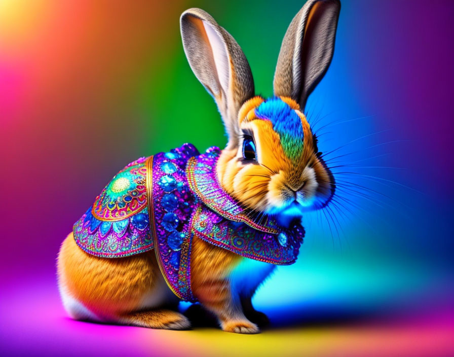 Colorful Rabbit with Ornate Saddle on Rainbow Background