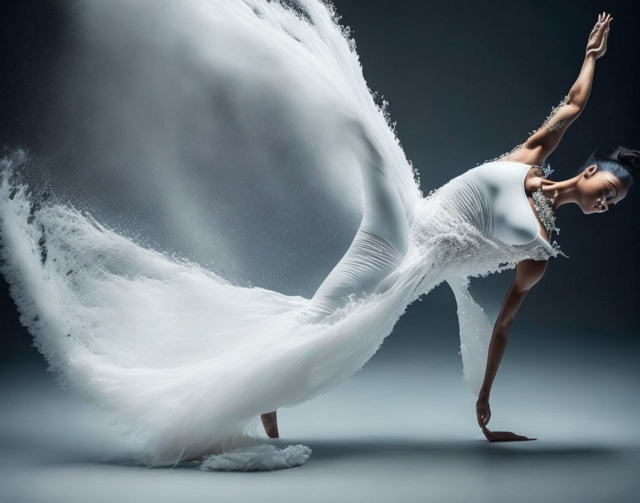 Elegant Dancer in Flowing White Dress Against Gray Background