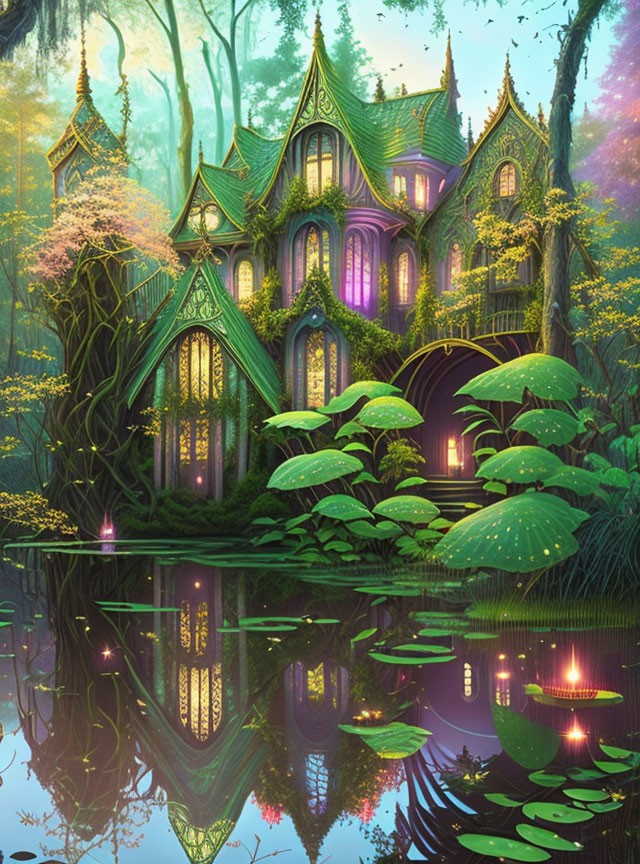 Whimsical illuminated house in enchanted forest scene