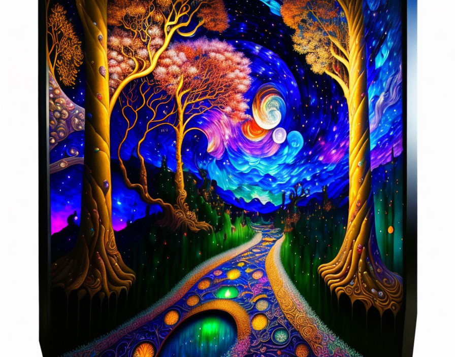 Colorful Psychedelic Forest Pathway Under Starry Sky