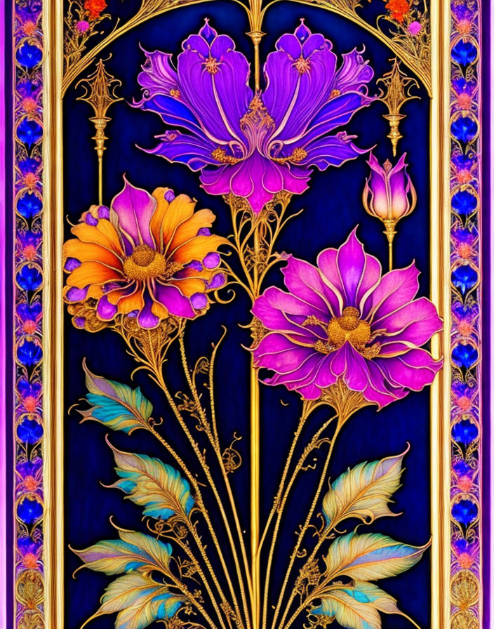 Vibrant purple and orange floral design on rich blue background