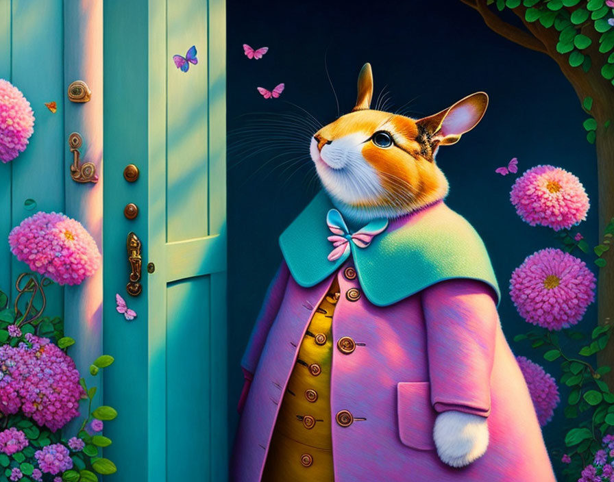 Stylish anthropomorphic rabbit at colorful doorway