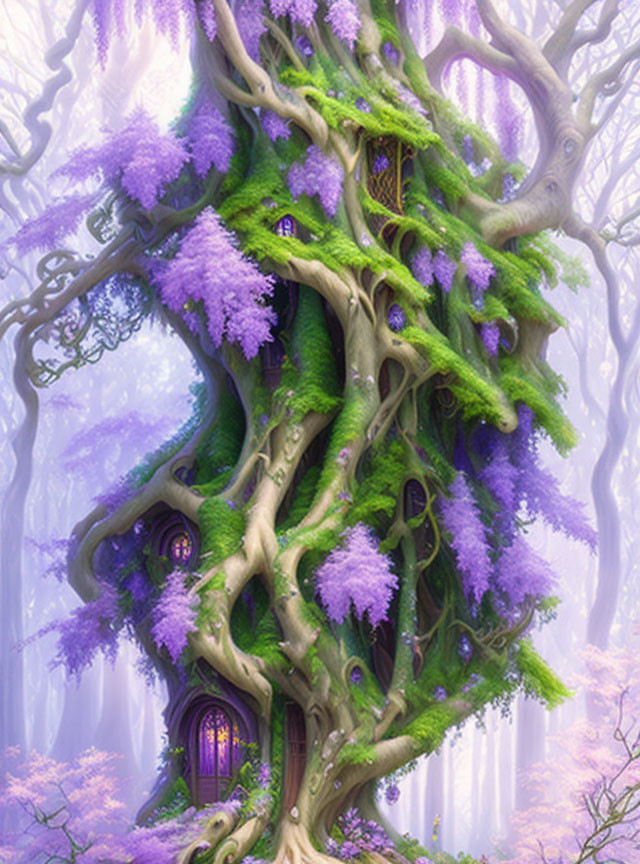 Large whimsical tree with purple foliage and treehouse structures in misty forest