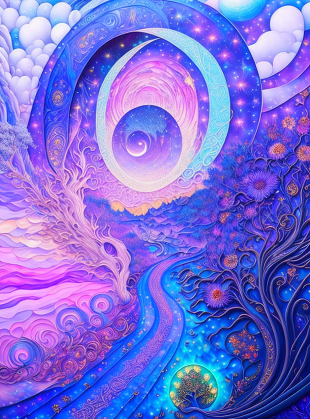 Surreal Landscape with Purple Hues and Cosmic Elements