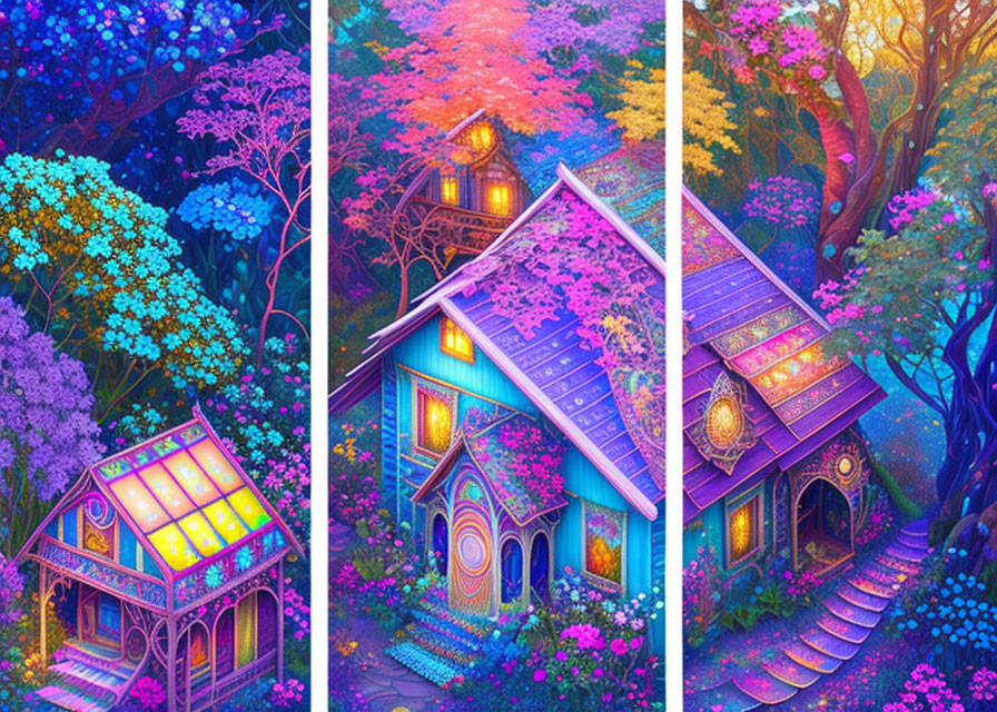 Colorful triptych of whimsical cottages in vibrant forest settings