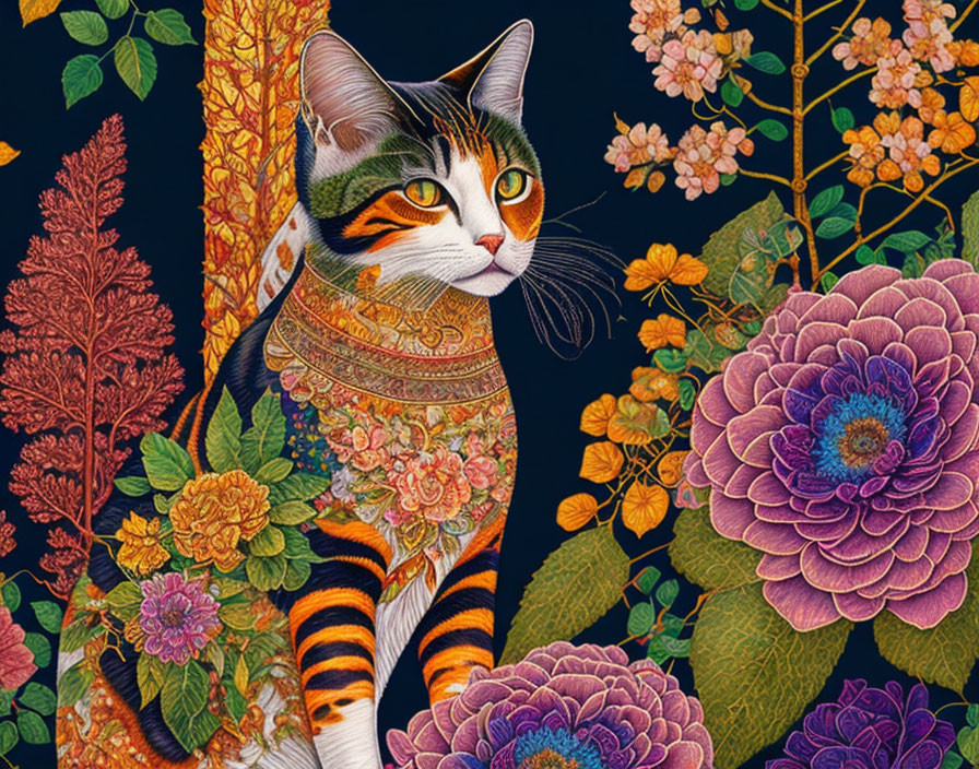 Colorful Calico Cat Illustration with Floral Patterns on Dark Background