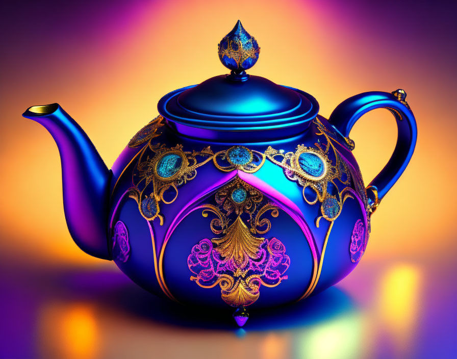 Intricate Blue and Gold Pattern Teapot on Purple Gradient Background