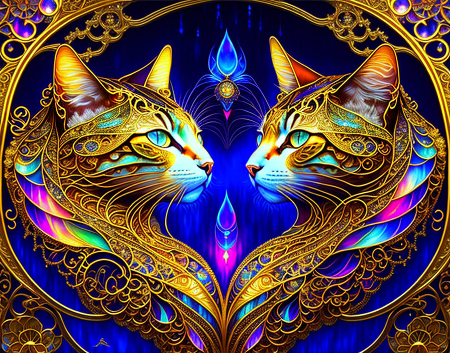 Symmetrical vibrant cat illustrations on colorful psychedelic background