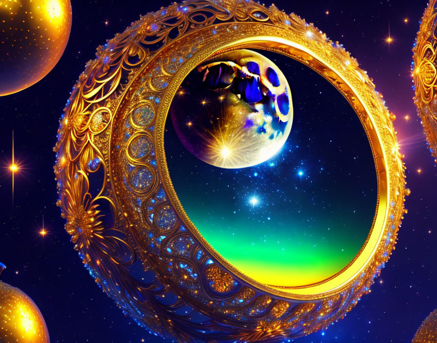 Colorful cosmic scene with golden rings and luminous planets against starry backdrop