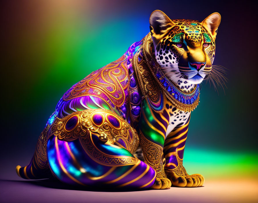 Colorful Leopard Artwork with Golden Patterns on Rainbow Background