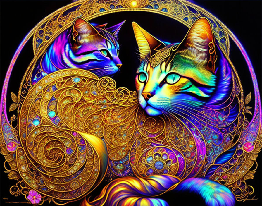 Colorful digital art: Two stylized cats with golden patterns on dark background.