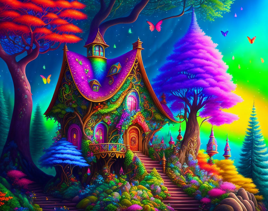 Colorful fantasy illustration: Enchanted house, whimsical trees, butterflies