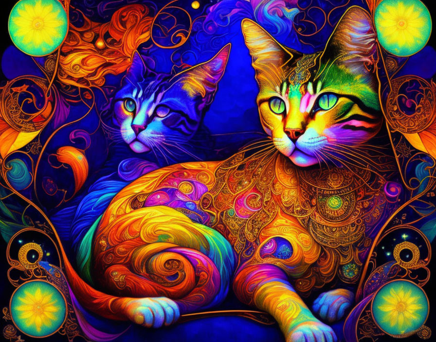 Colorful Stylized Cats Illustration with Psychedelic Background