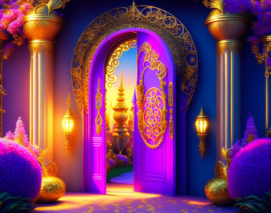 Intricate Arabian doorway with glowing lanterns and golden arches