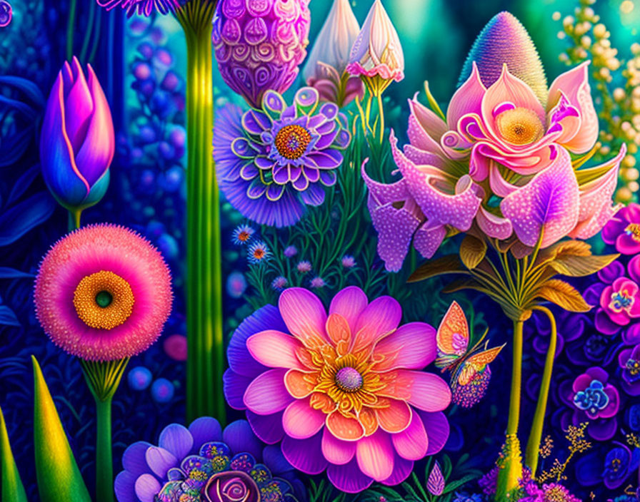 Colorful Fantasy Garden with Flowers and Butterflies in Digital Art