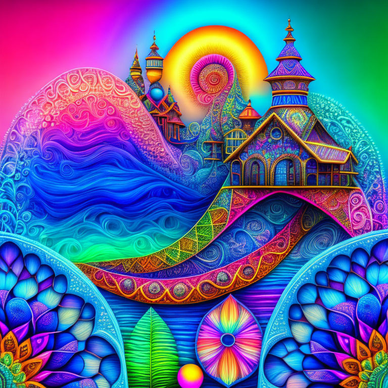 Colorful psychedelic digital artwork of swirling landscape with ornate buildings