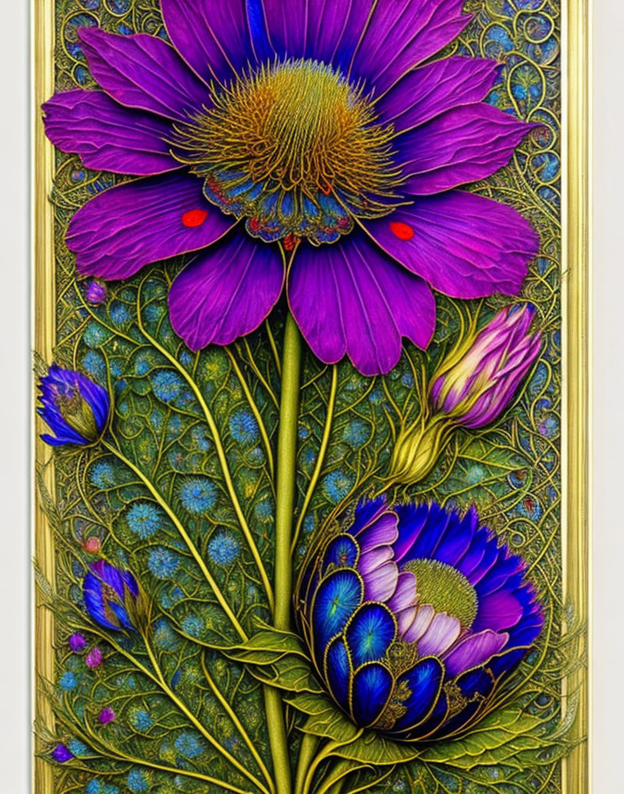 Colorful artwork: Purple flowers on gold and blue-green background