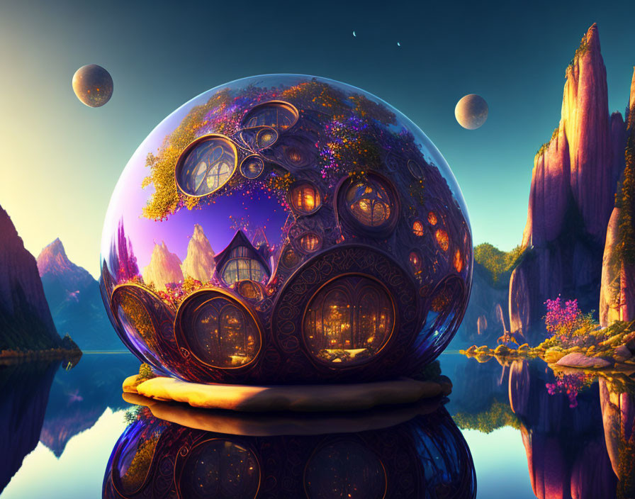 Intricate clockwork sphere in fantastical landscape