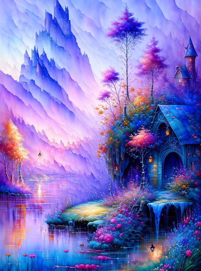 Fantasy landscape with magical castle, cottage, lake, flora in mystical purple atmosphere