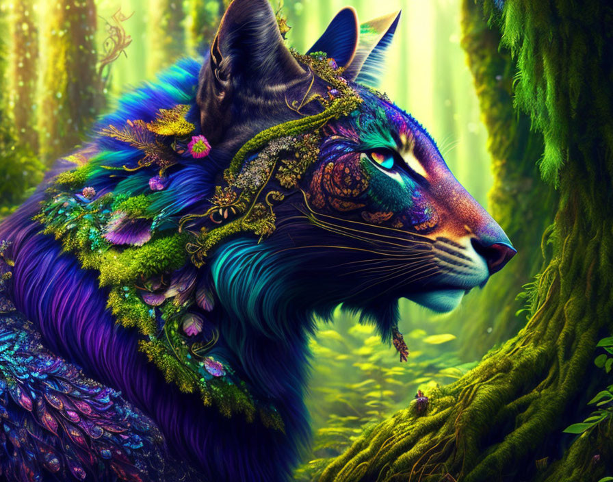 Colorful Fantastical Cat with Intricate Patterns in Enchanted Forest