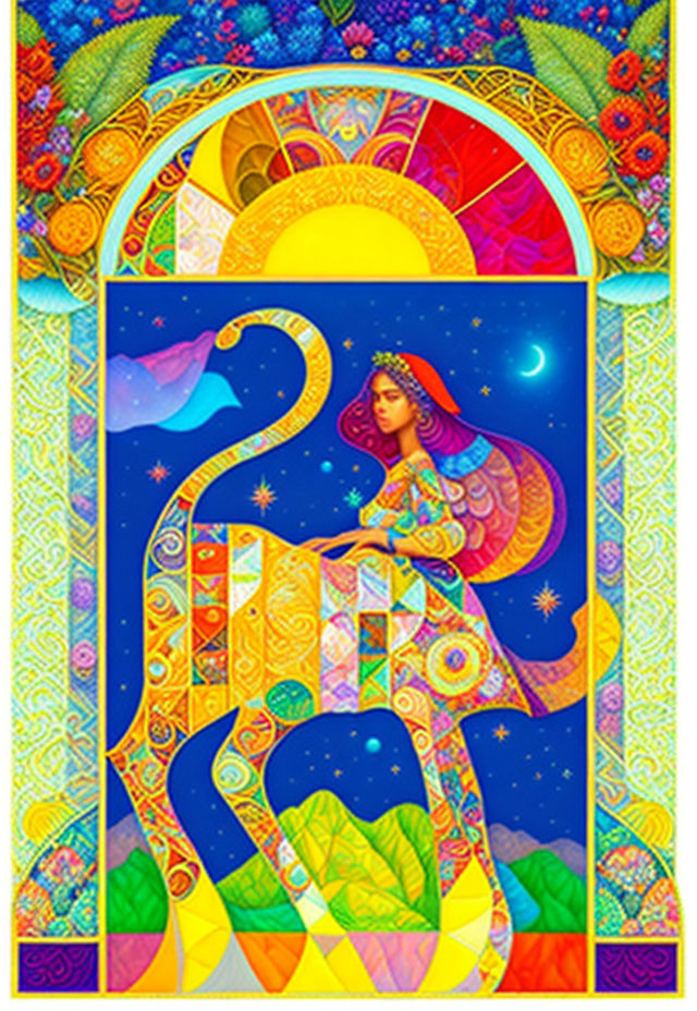 Vibrant artwork: Woman on swan in starry sky with sun-moon archway