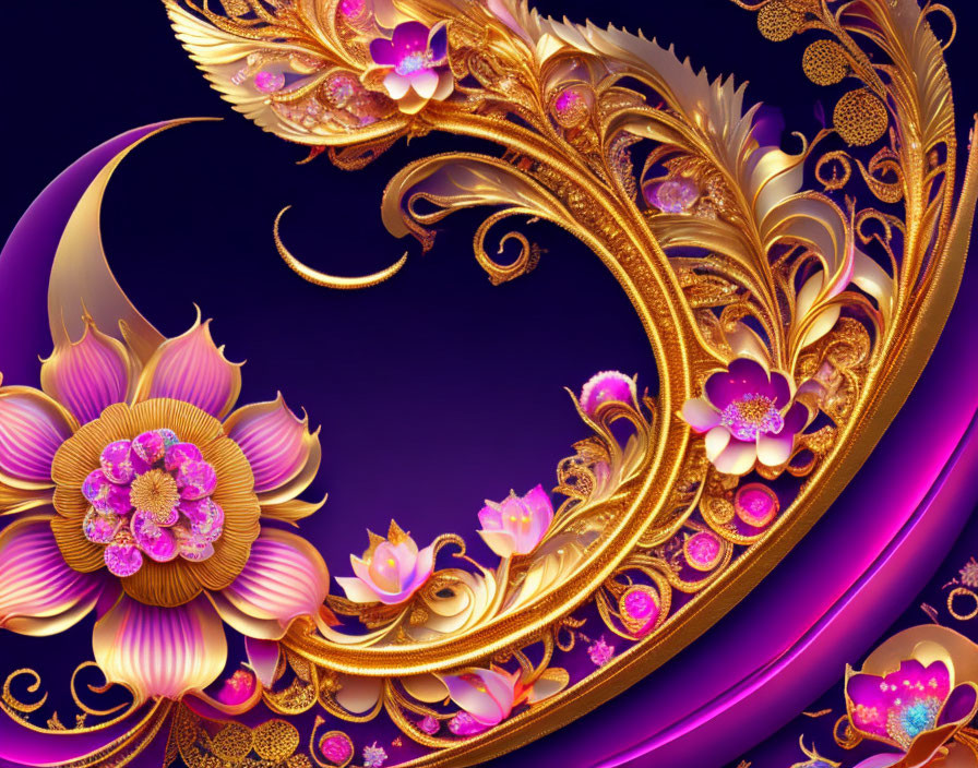 Golden Floral Crescent Moons on Deep Purple Background