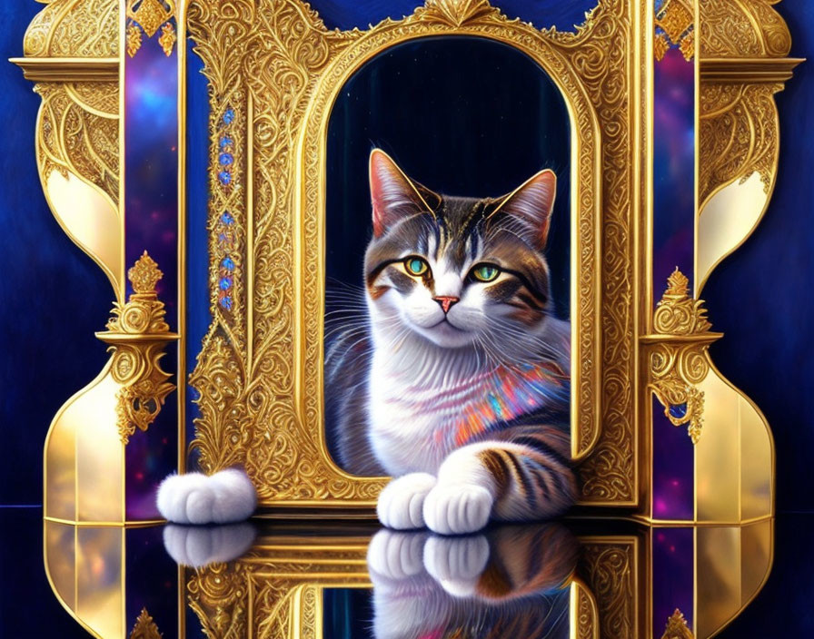 Majestic cat with green eyes on golden throne with ornate mirror