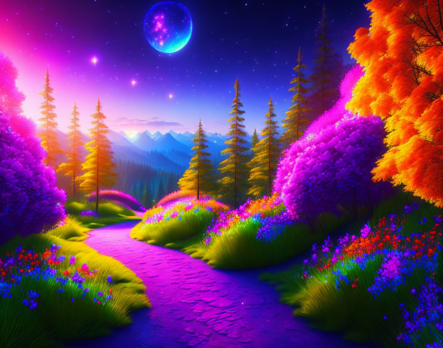 Surreal Landscape with Colorful Flora and Moonlit Sky