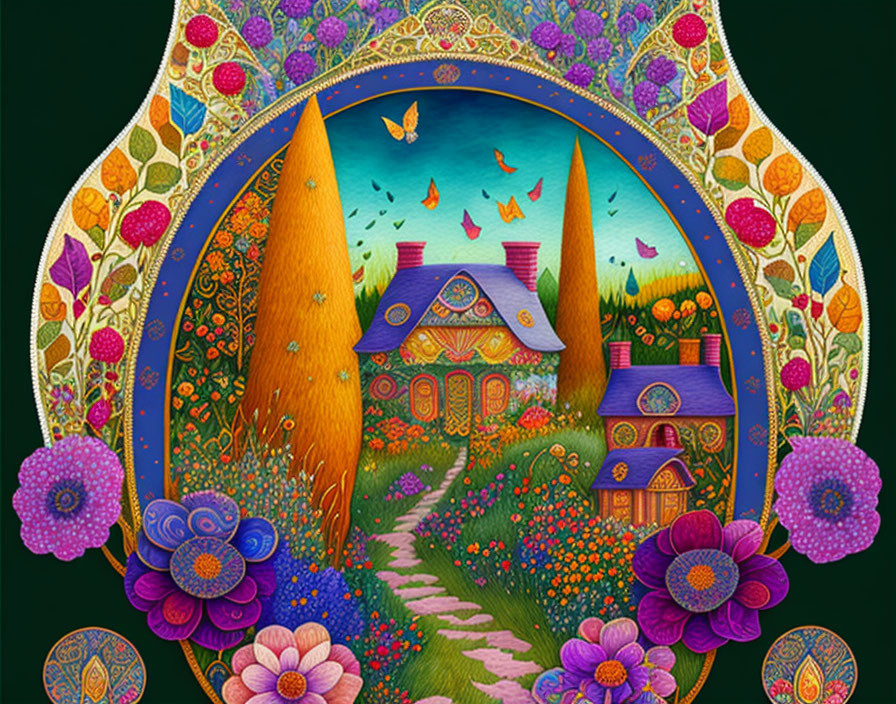 Colorful Garden Illustration with Flowers, Butterflies, and Houses