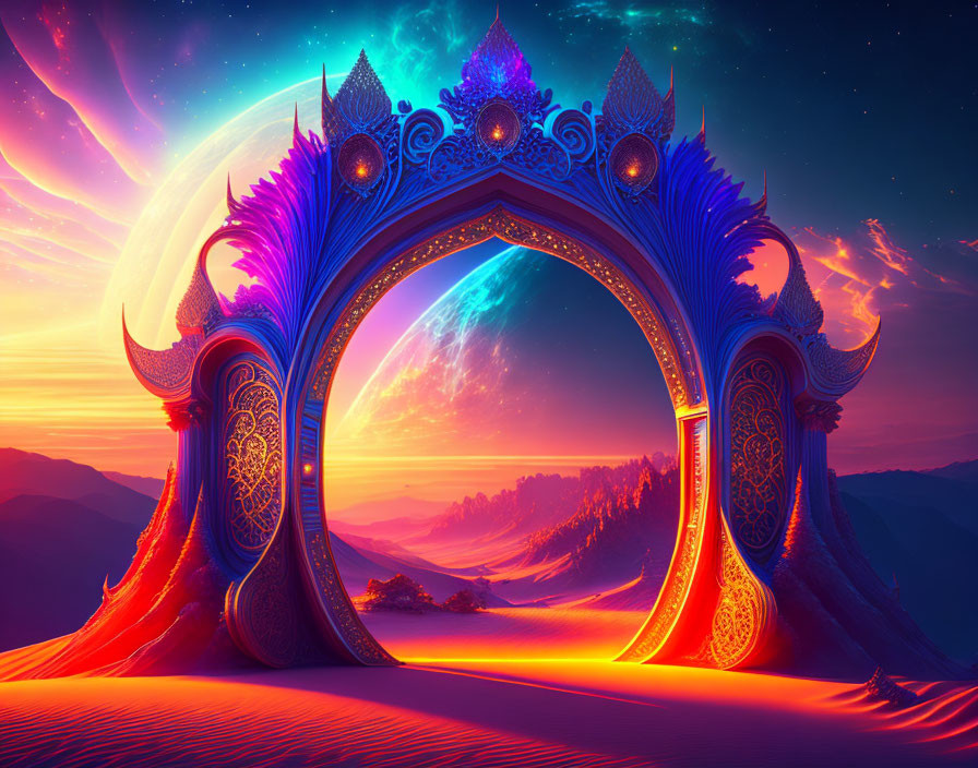 Glowing archway in fantasy landscape with vibrant desert at sunset