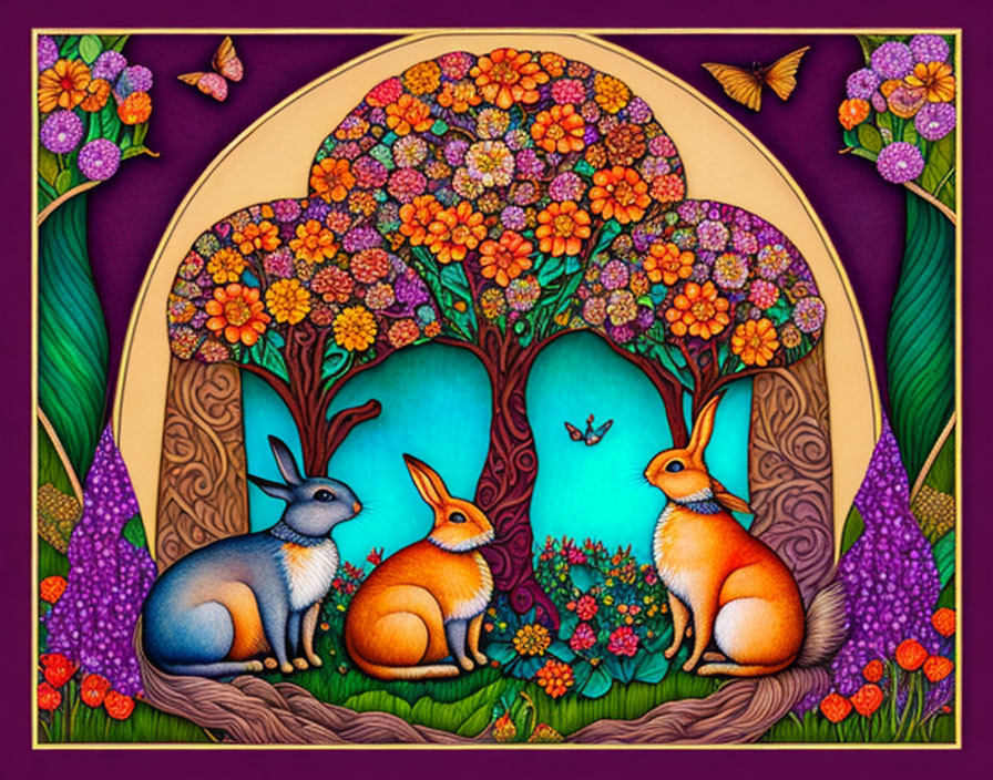 Colorful rabbits and flowers illustration on purple background