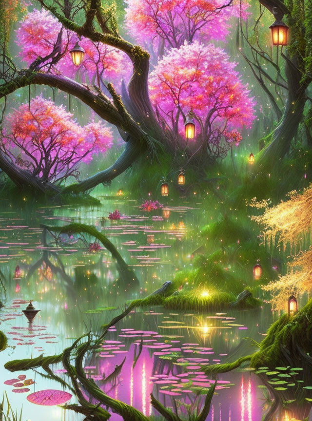 Enchanting forest scene with pink blossoms, lanterns, and reflective pond