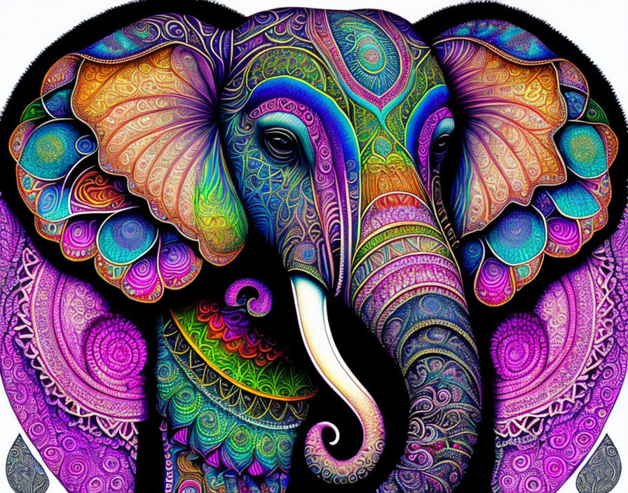 Colorful Psychedelic Elephant Illustration with Mandala Designs