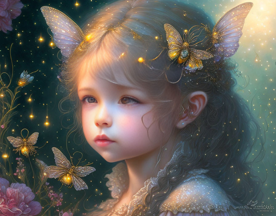 Illustration of girl with butterfly wings in hair, surrounded by glowing lights and flowers