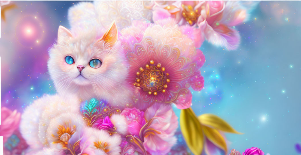 White Cat with Blue Eyes Among Fantasy Flowers and Starry Sky