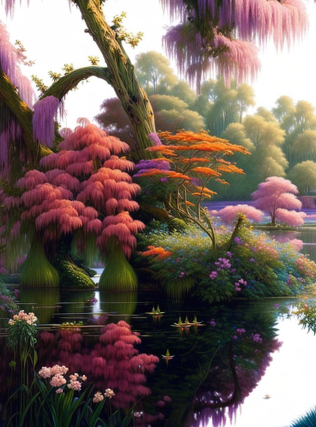 Tranquil Lake Scene with Colorful Trees and Floating Lilies