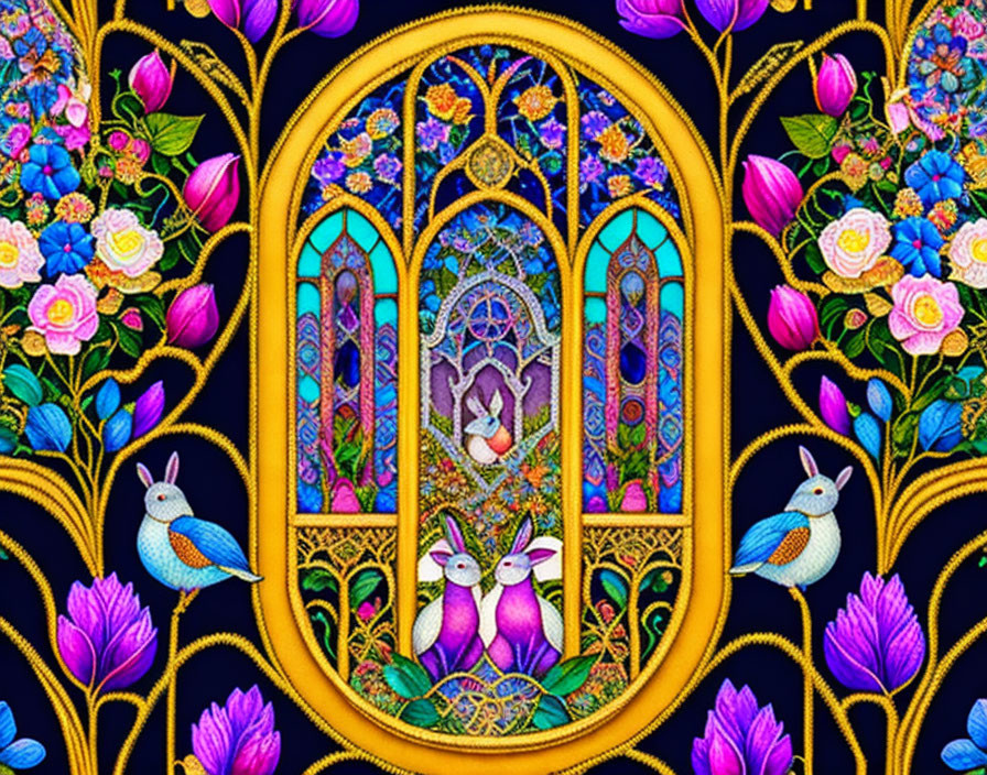 Colorful stained glass window with floral and fauna theme on dark background