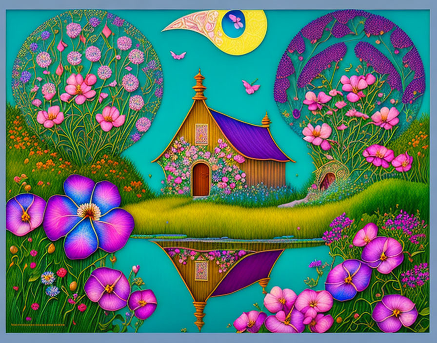 Colorful Artwork: Whimsical Cottage in Floral & Night Moon Scenery