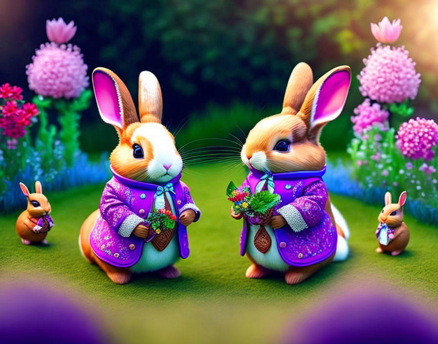 Four cartoon rabbits in a fantastical garden, two in purple jackets with bouquets, two smaller ones