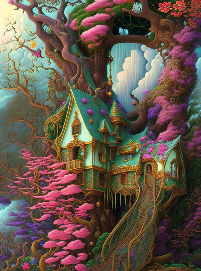 Colorful fairy-tale cottage in lush tree with waterfall