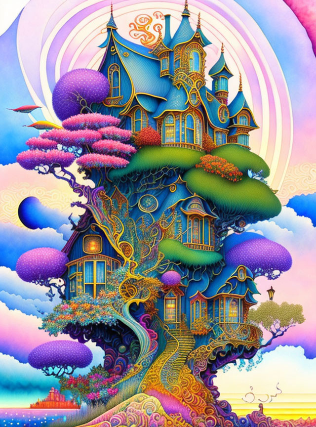 Colorful whimsical treehouse illustration with elaborate architecture amid vibrant vegetation and pastel circles.