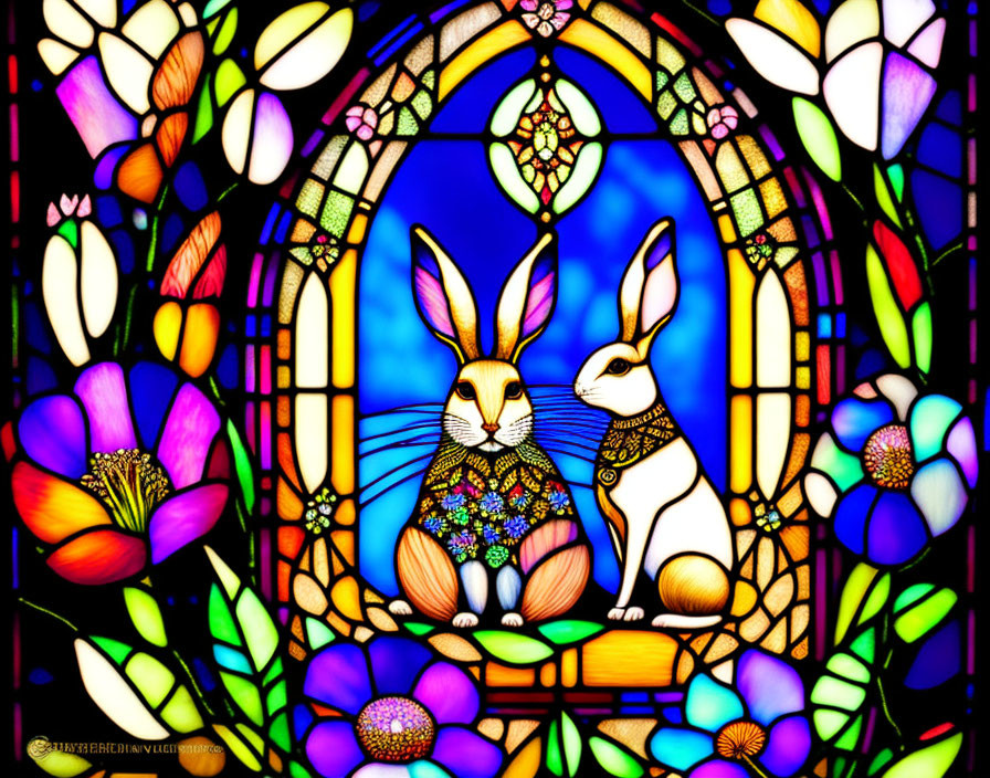 Stylized rabbits in vibrant flower stained glass design