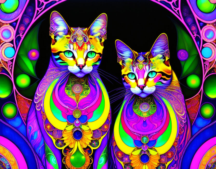 Symmetrical psychedelic cats in vibrant digital art