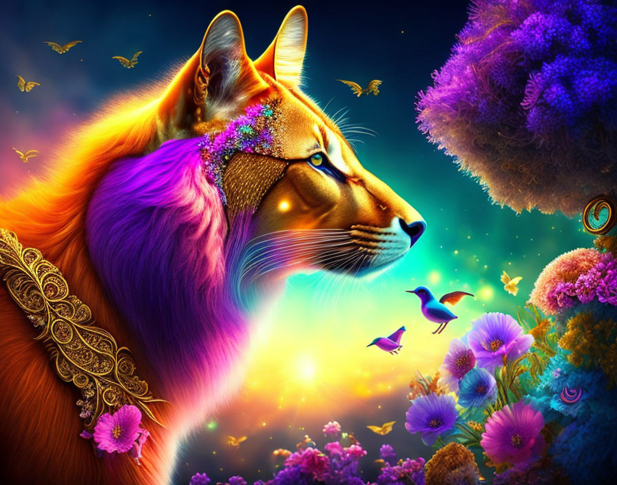 Colorful Stylized Lion with Purple Mane and Ornate Decoration in Whimsical Landscape