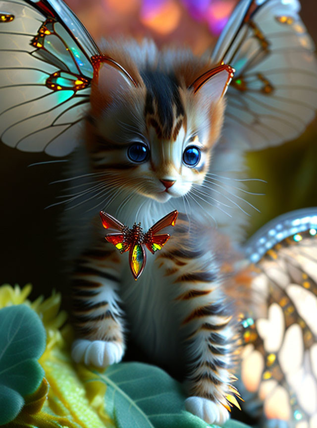 Fantastical kitten with butterfly wings and blue eyes in flower setting.