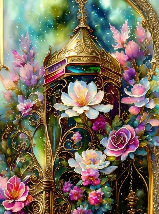 Ornate golden lantern with colorful floral design